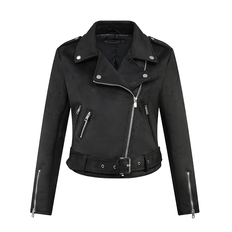 2023 Women Autumn Winter Thick Fake Suede Faux Leather Jackets Sashes Lady Matte Motorcycle Coats Biker Zipper Pocket Streetwear - KAISERINC