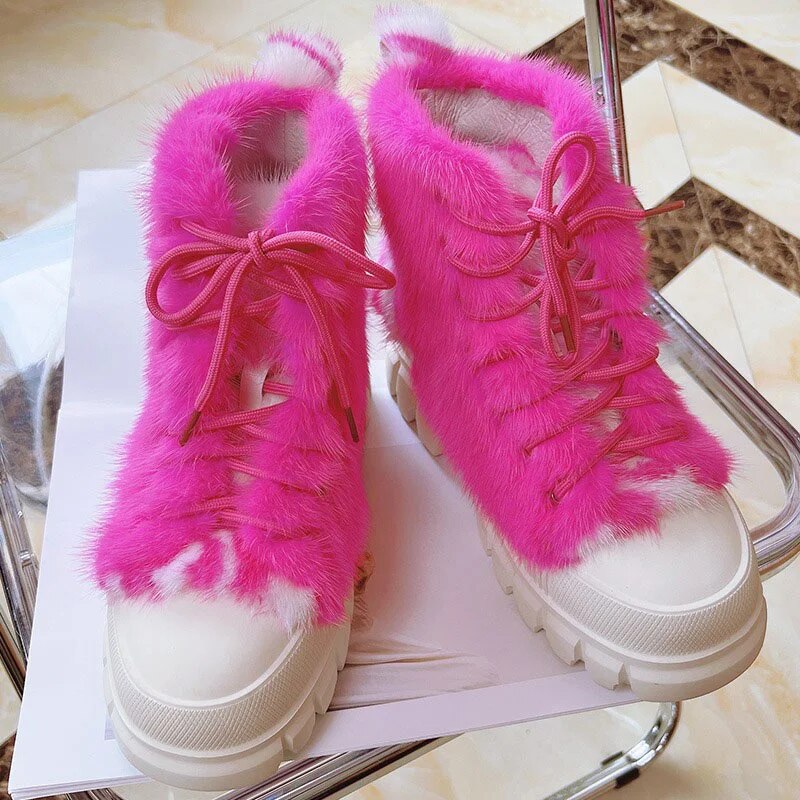 2023 New Women's Platform Casual Shoes Natural 100% Mink Fur Thick Fur Sneakers Fashion Outdoor warm high Boots Autumn