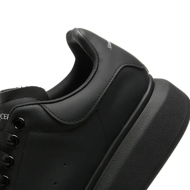 Handmade Black Leather Shoes Men Calf Leather Round-toe Casual Sneakers Unisex Loafers Shoes Women's Platforma Elevator Shoes
