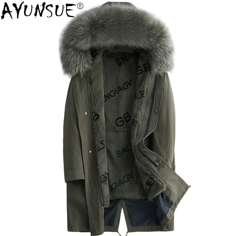 Men's Clothing 2020 Winter Jacket Men Real Rex Rabbit Fur Jackets 100% Raccoon Collar Parka Erkekler Ceket LXR828