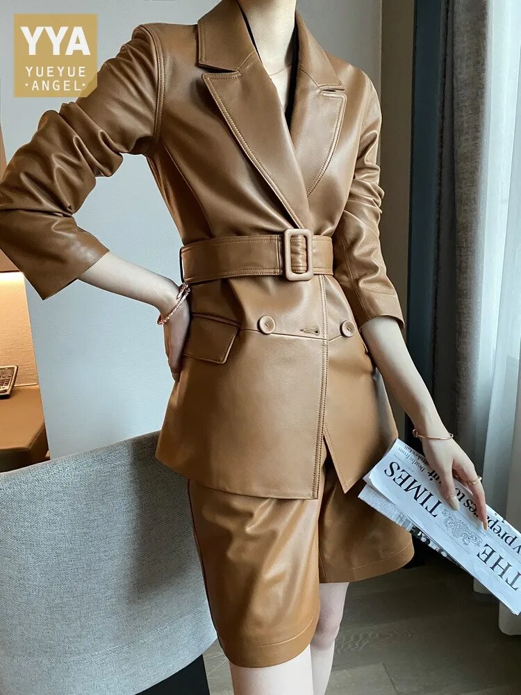 Luxury Women Double Breasted Belt Blazer Coat Straight Shorts Two Piece Set OL Suit Real Sheepskin Genuine Leather Matching Sets