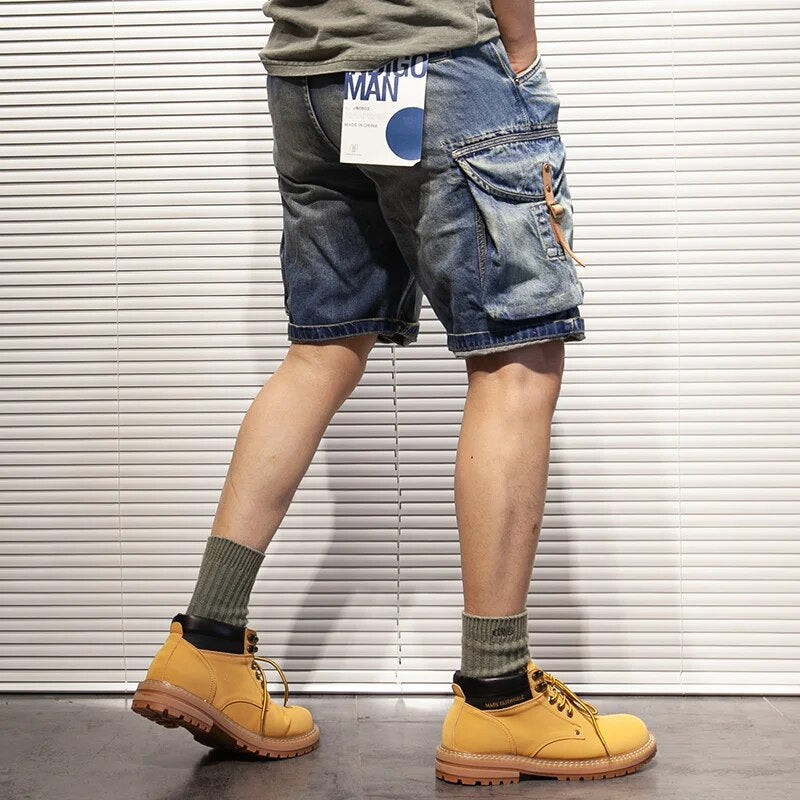 Men's Denim Shorts Retro Loose Side Pockets Leather Buckle Cargo Summer Jeans Male