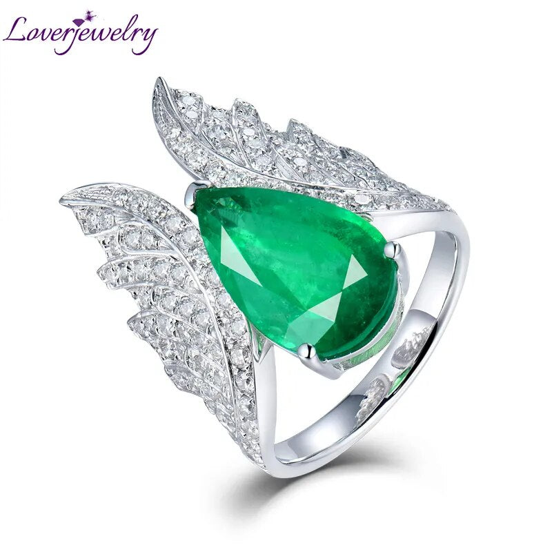 Angel Wings Rings Women 18Kt White Gold Natural Heart Cut Emerald Stones Genuine Diamonds Engagement Ring For Yound Lady Jewelry