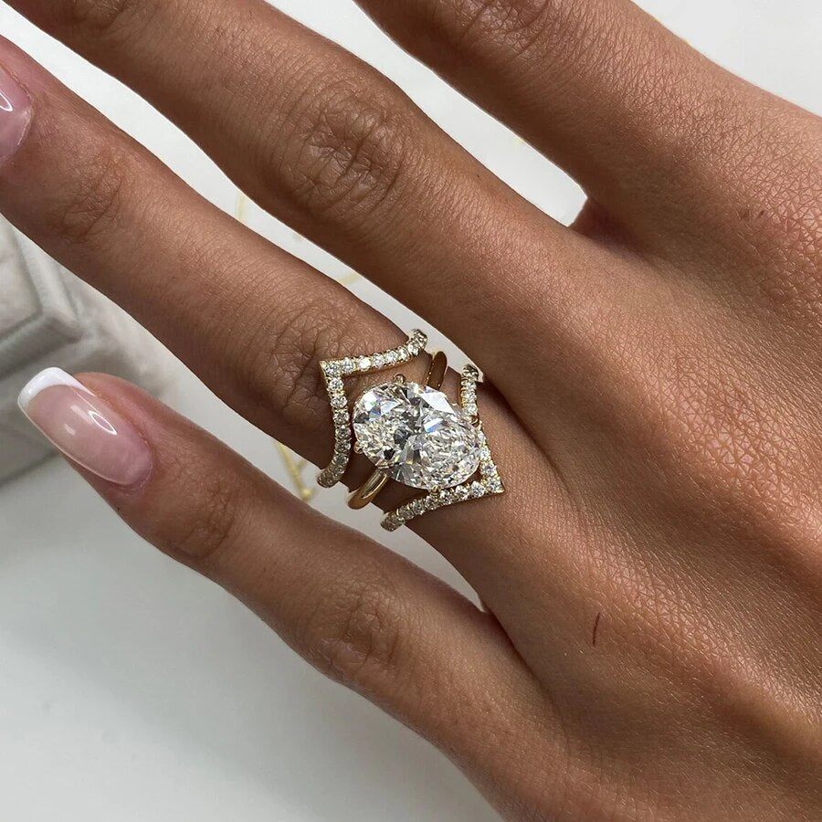 AEAW 14K Yellow Gold Oval Cut Lab Grown Diamond Engagement Ring 4 Carat CVD diamond ring Lab Diamond Engagement Ring Set IGI