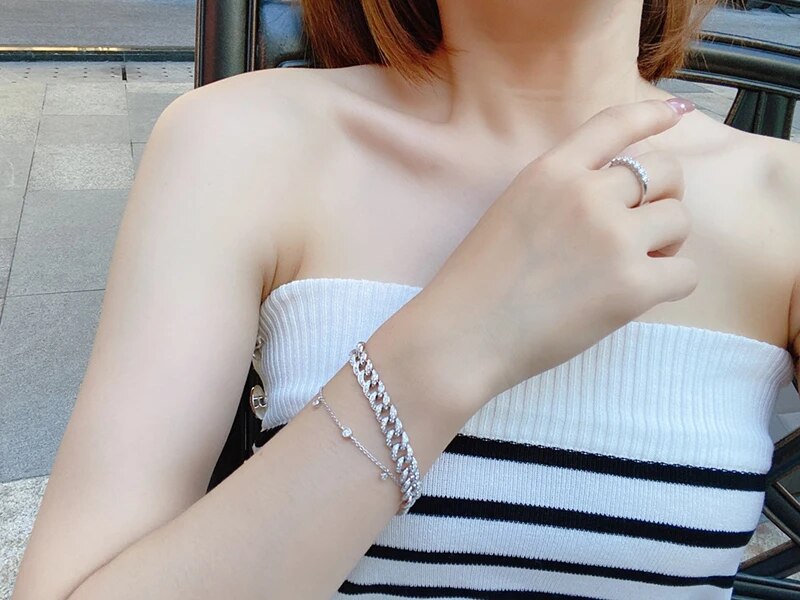 LUOWEND 18K White Gold Necklace 7.15carat  Luxury Real Natural Diamonds 46.65gram Cuban Chain Design Shiny Necklace for Women