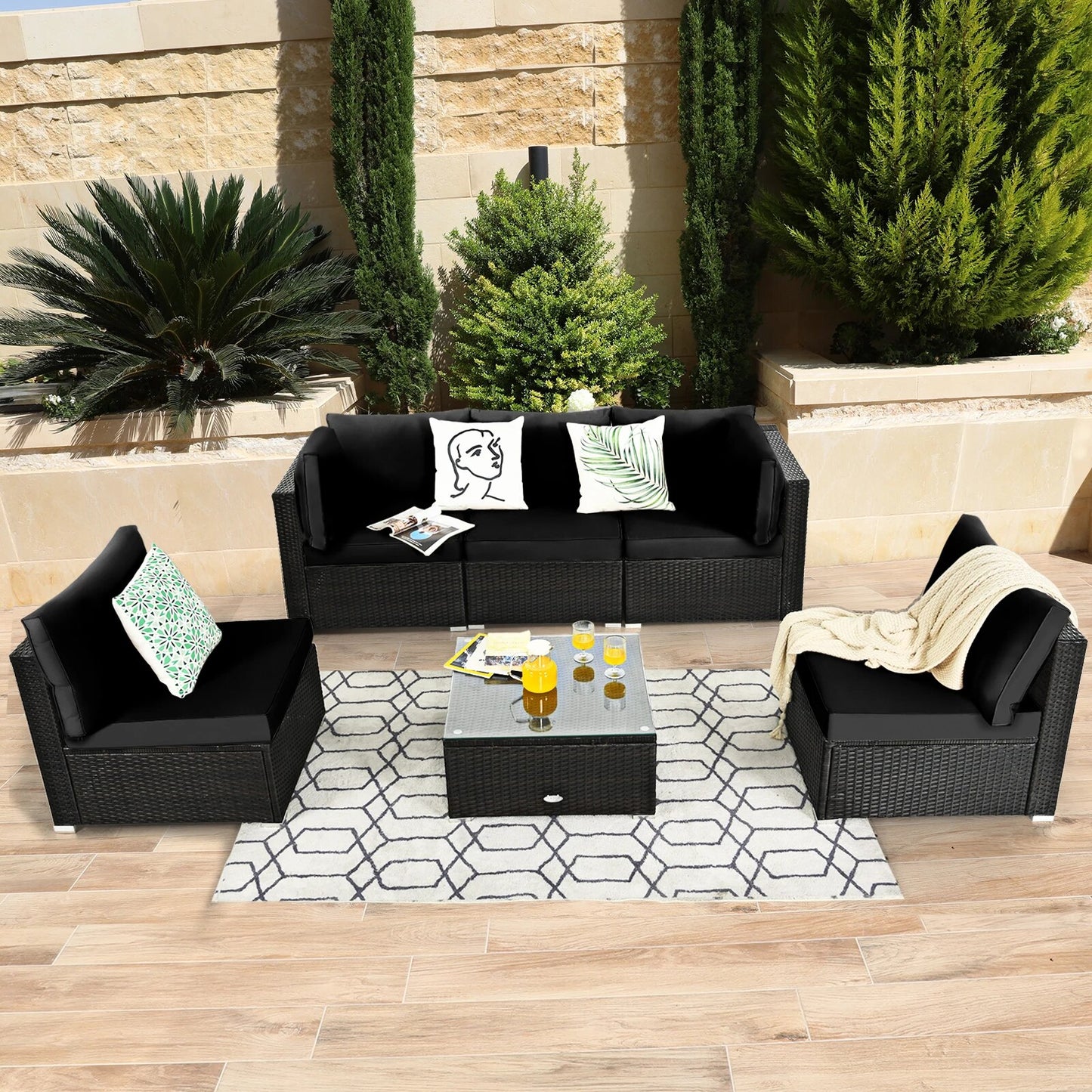 Patiojoy 6PCS Patio Rattan Furniture Set Cushioned Sofa Coffee Table Garden HW67937