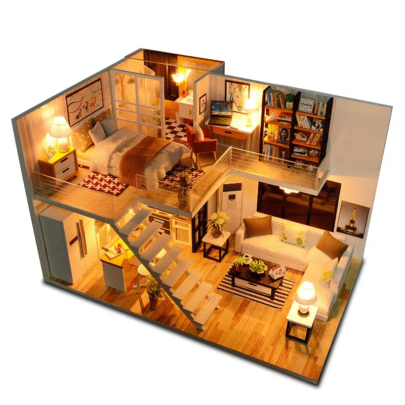 Cutebee DIY Dollhouse Kit Apartment Loft Wooden Miniature Doll Houses With Furniture LED Lights for Children Birthday Gift