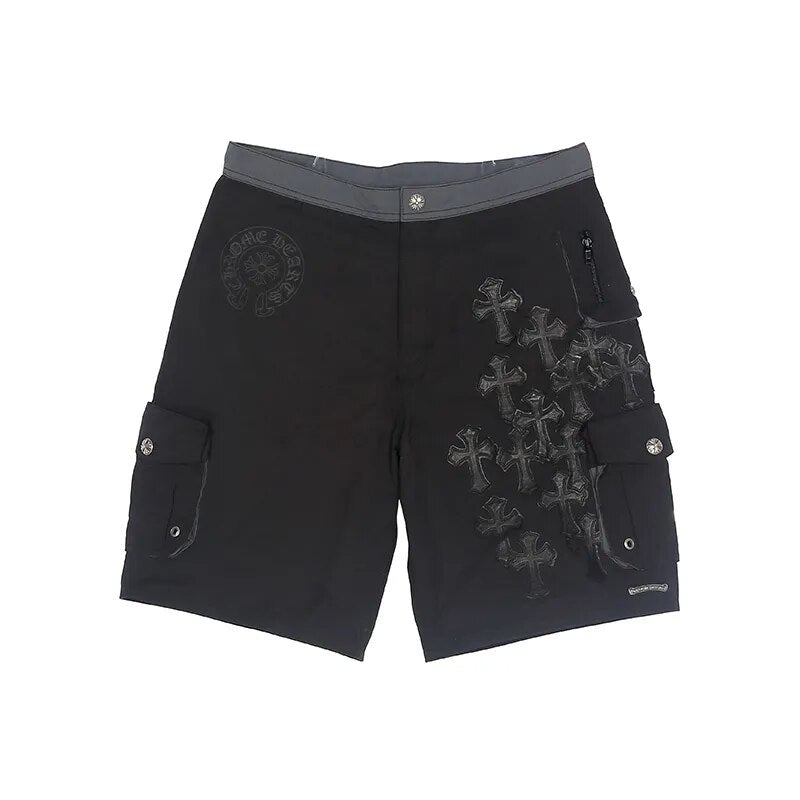 Men's Shorts Leather Cross Embroidery Cargo Streetwear Hip Hop Casual Five-Point Pants Male