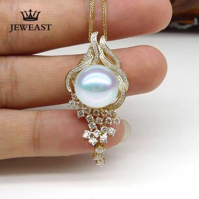 18k Pure Gold Natural Southsea Round Pearl Diamond Pendant Elegant Exquisite Jewelry Female For Party Trendy Gift For Mother