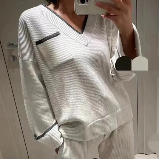 Autumn Winter V Neck Long Sleeve 100% Cashmere Casual Style Pants Suit