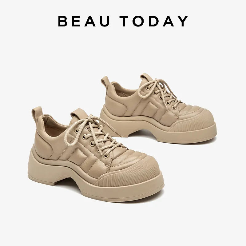 BEAUTODAY Casual Shoes Women Genuine Calfskin Solid Color Round Toe Lace-up Soft 2023 Ladies Trendy Sneakers Handmade 25503