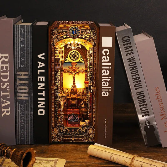 DIY Wooden Book Nook Shelf Insert Kits Miniature Saint Church Bookends Doll Houses Bookshelf Handmade Crafts Gifts Home Decor