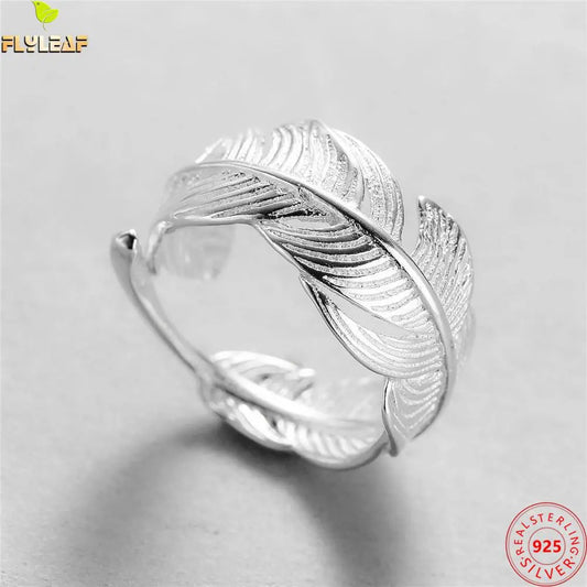 Real 925 Sterling Silver Jewelry Feather Open Rings For Women Original Design Luxury Femme Popularity Accessories 2022 New
