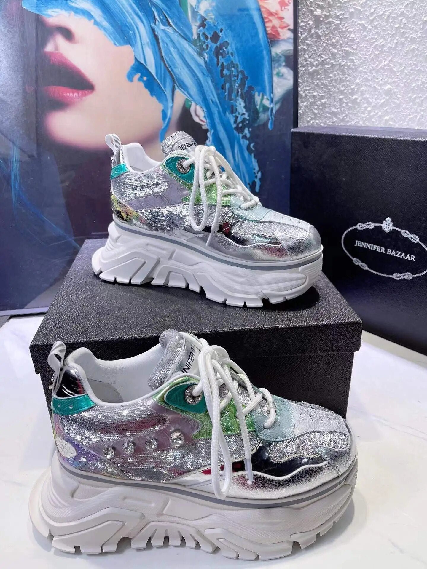 Spring Women's Casual Chunky Shoes Thick Heels Sneakers Female Silver Street Fashion Genuine Leather High Platform Lady Autumn