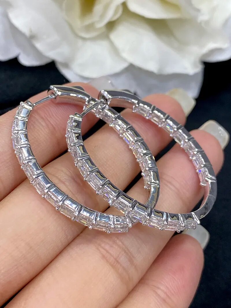 LUOWEND 18K White Gold Earrings Real Natural Diamond Hoop Earrings Shiny E-Shaped Shape Party Jewelry for Women Senior Banquet
