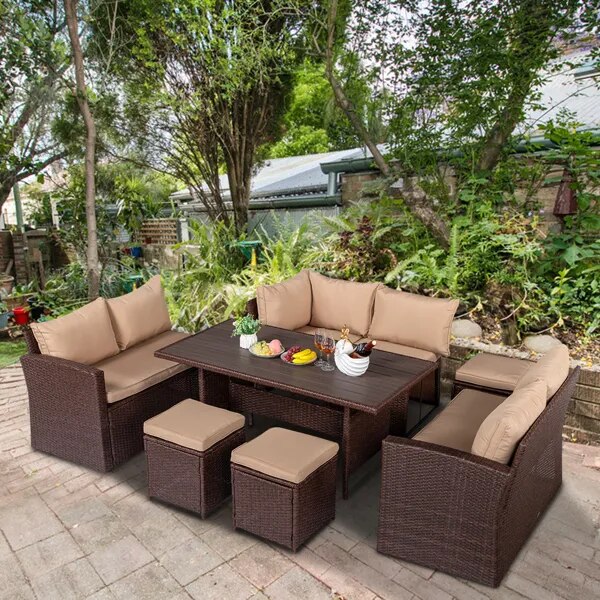 8 Piece Patio Furniture Set Outdoor Rattan Dining Table And Chair Brown Wood Grain Rattan Khaki Cushion Plastic Wood Surface