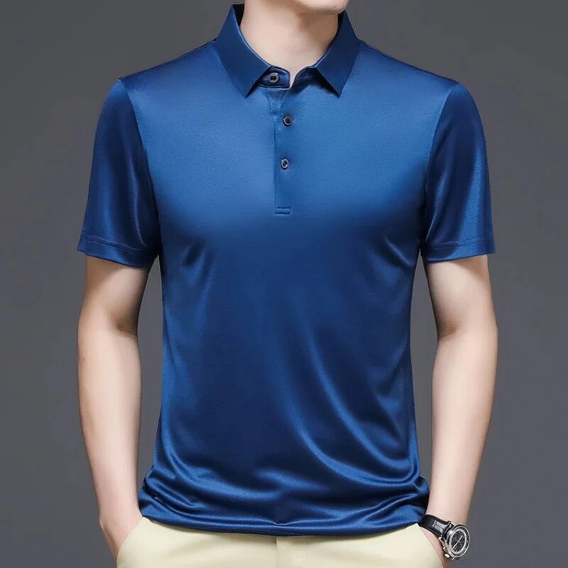 MINGLU Mulberry Silk Seamless Men's Polo Shirts Luxury Short Sleeve Solid Color Casual Male T-shirts Summer Man Tees 4XL