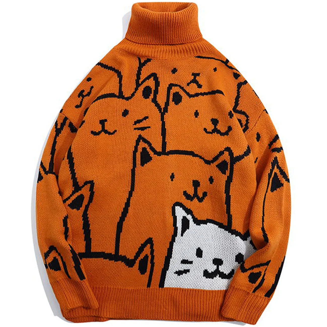 LACIBLE Harajuku Cat Pattern Turtleneck Knit Sweater Loose Casual Turtleneck Knitted Sweater Pullover Men Knitwear Streetwear