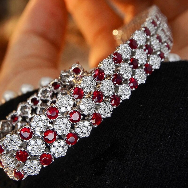 Aazuo Luxury Jewelry 18K Solid White Gold Real Diamonds Natural Ruby Line Tennis Bracelet Gifted For Women High Cass Banquet