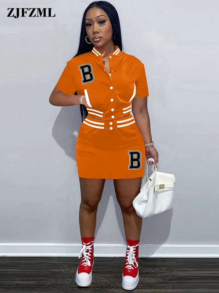 B Letter Embroidery Two Piece Dress Sets Harajuku Girls Baseball Sport Cropped Coat and High Waist Skirt Matching Outfit Summer - KAISERINC