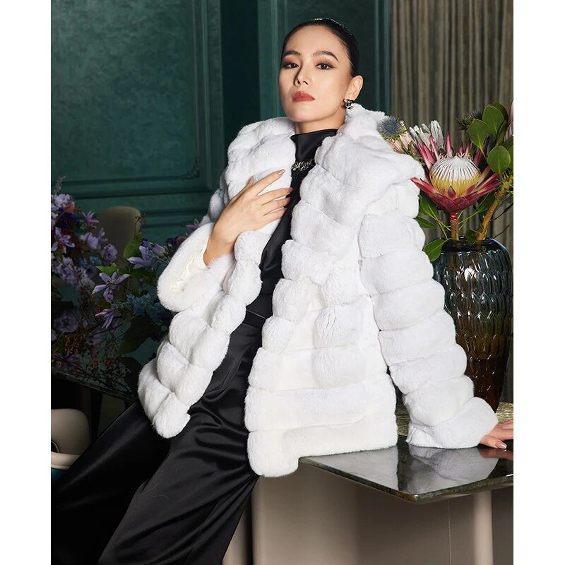 Women's Fur Coat 2223 Trend Natural Fur Long Mink White Hooded Outerwear Jackets Trench Coats New In Outdoor Clothes Clothing