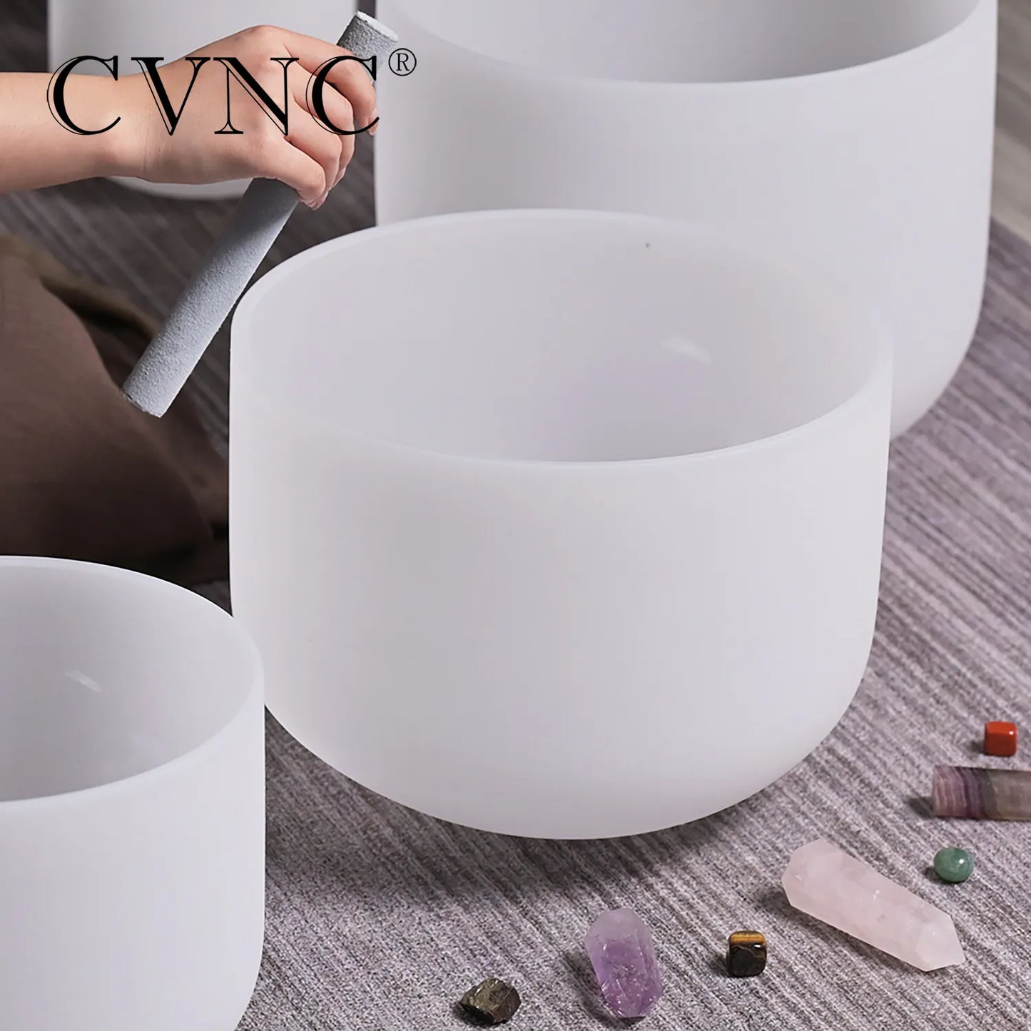 CVNC 6-12" White Frosted Quartz Crystal Singing Bowl Chakra Set 7pcs for Sound Healing Yoga Mediation with Mallets