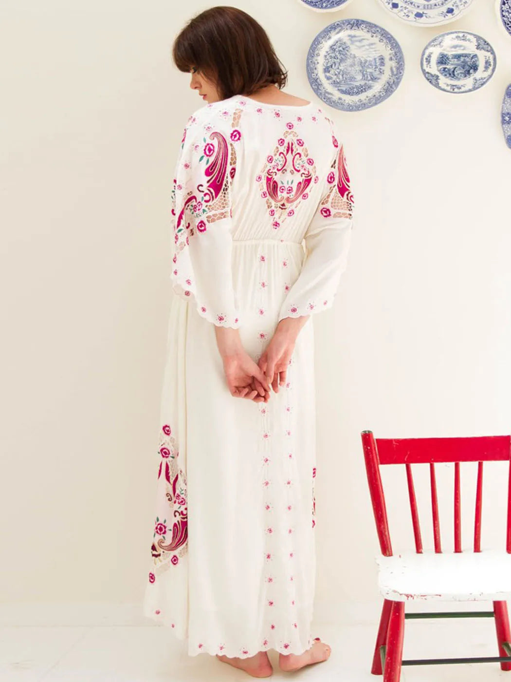 Jastie Floral Embroidered Boho Dress V-Neck Batwing Sleeve Women Dresses Loose Long Maxi Dress Summer Dresses Vestidos