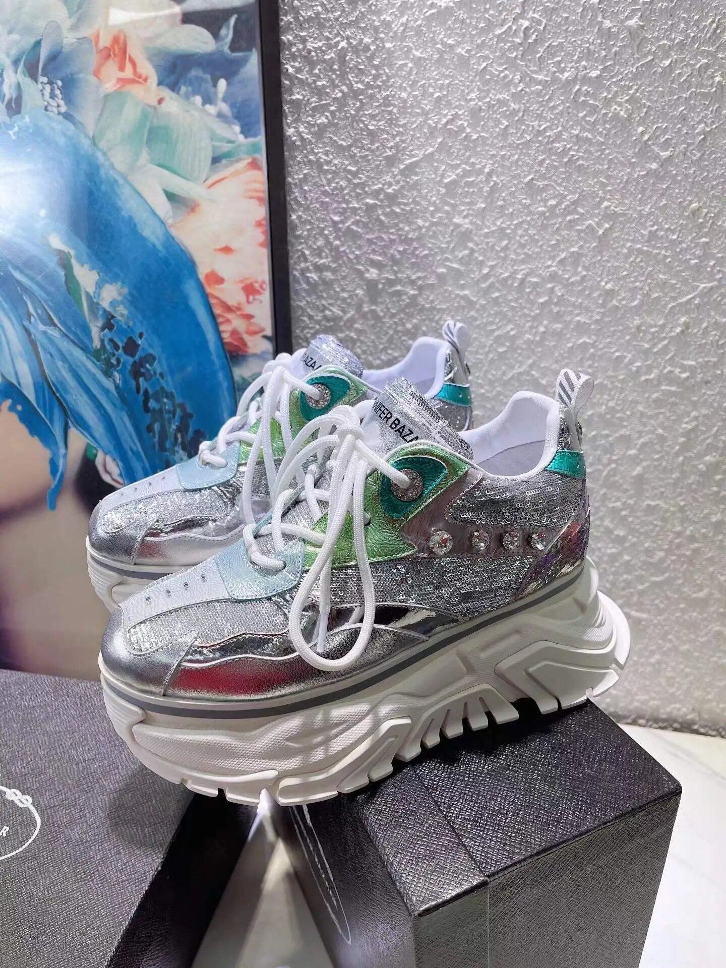 Spring Women's Casual Chunky Shoes Thick Heels Sneakers Female Silver Street Fashion Genuine Leather High Platform Lady Autumn