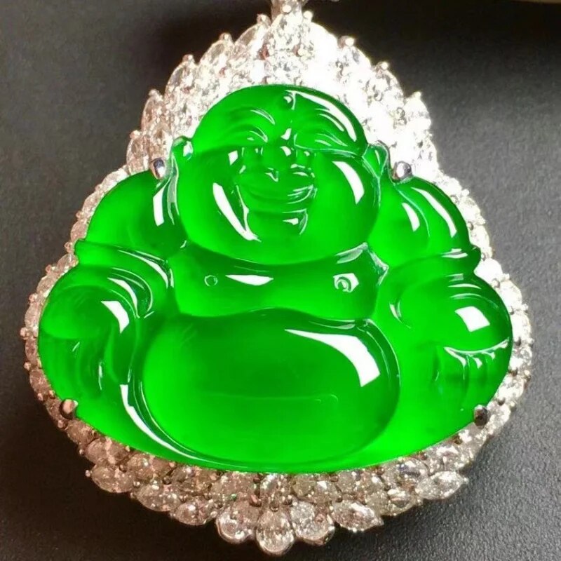 Jade Collection 18K Gold Diamond High Ice Green Buddha Pendant