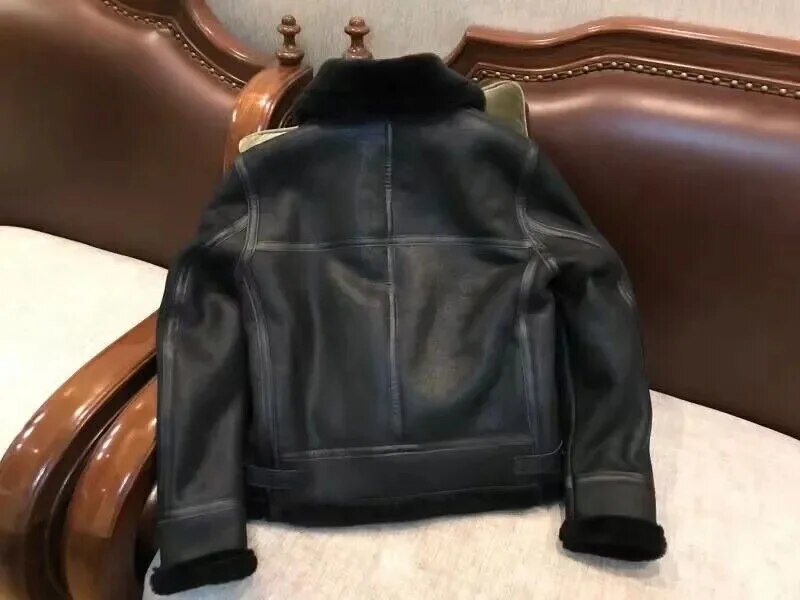men's genuine leather coat woolen lining liner real sheepskin pilot bullet jacket warm thick clothing for winter black plus 3xl