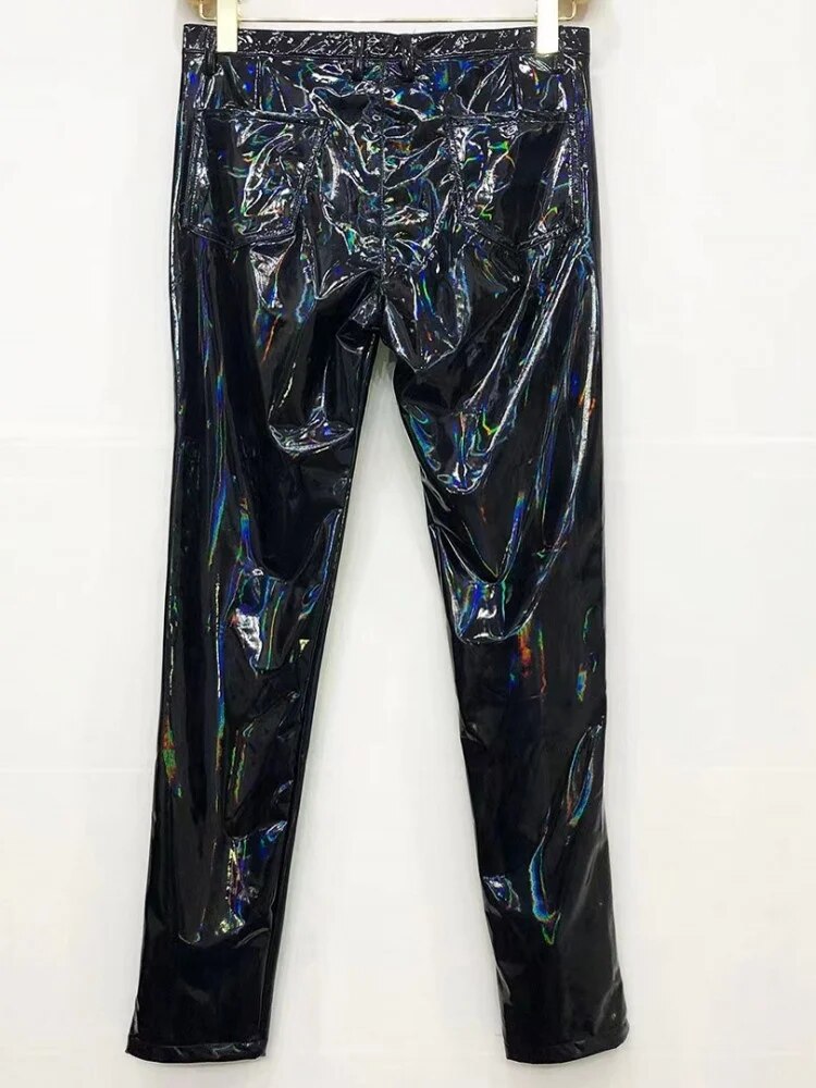 Plus Size 6XL Men Sexy Skinny Bright Faux Leather Pencil Pants Night Clubwear Long Trousers Stretchy Soft Patent