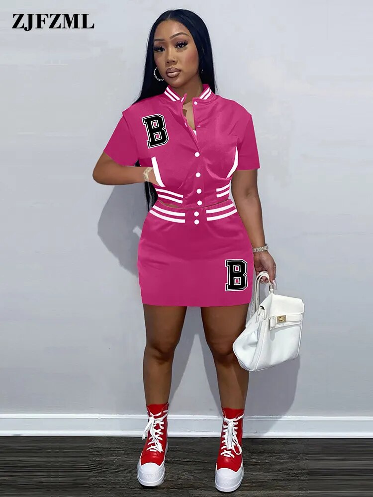 B Letter Embroidery Two Piece Dress Sets Harajuku Girls Baseball Sport Cropped Coat and High Waist Skirt Matching Outfit Summer - KAISERINC