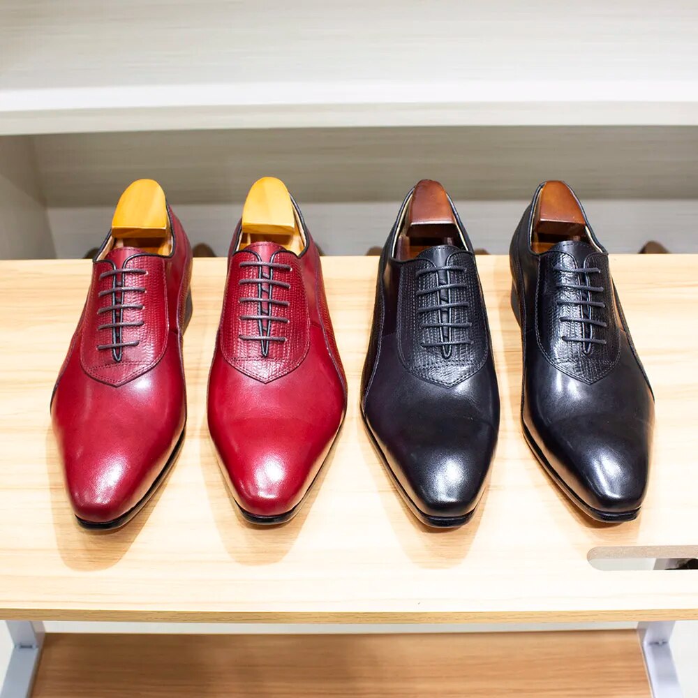 Luxury Men Shoe Genuine Leather Lace Up Fashion Oxford Pointed Toe Office Dress Wedding Black Red  Formal Business Men's Shoes