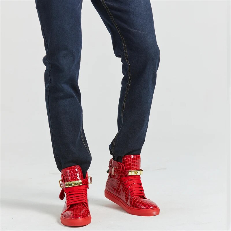 Phenkang Men Embossed Crocodile High Top Sneakers Lock Lace Red Flats Real Leather Designer Boots Men‘s Casual Shoes