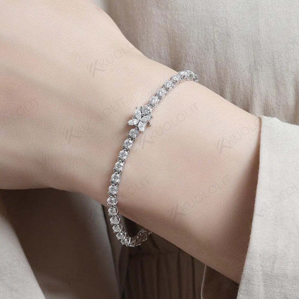 Kuololit Flower Moissanite Bracelet  for Women Solid 14K 10K Gold Marquise Diamond Tennis Bracelet for Engagement Welding Gifts