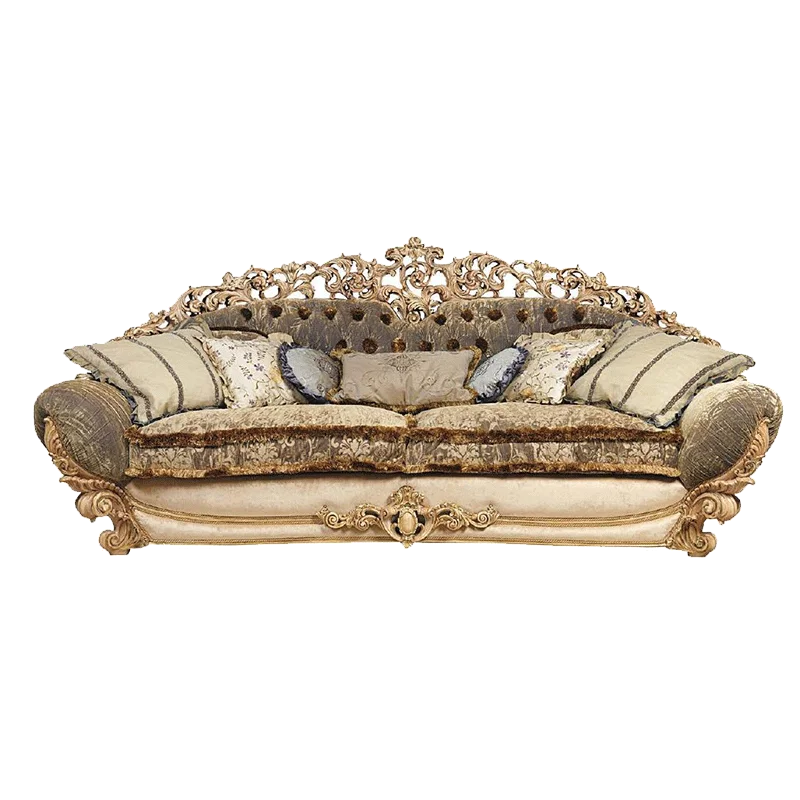 Modern Luxury European Style Hand Carved Solid Wood Sofa Set with Fabric Upholstery for Living Room and Villa Lounge Couch