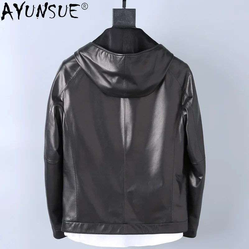 2024 New Men Clothing Sheepskin Genuine Leather Jacket Men's Clothes Hooded Jackets Autumn Male Coat Ropa Hombre LXR475