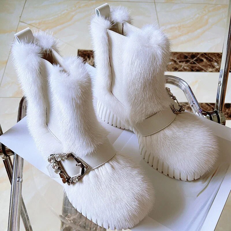Stylish British Style Platform Ankle Boots Luxury Mink Fur Trend Snow Boots Exquisite Diamond Buckle Solid Color Fur Sneakers