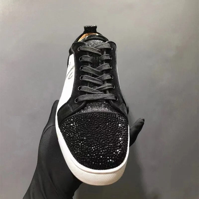 Fashion leather low top men's shoes Flat casual board shoes Rhinestone women's shoes Couples' red soled shoes