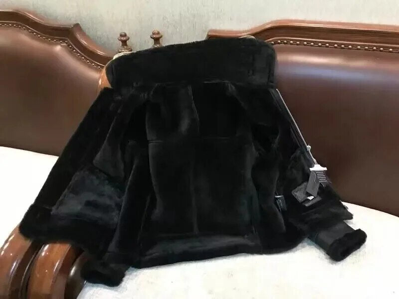 men's genuine leather coat woolen lining liner real sheepskin pilot bullet jacket warm thick clothing for winter black plus 3xl