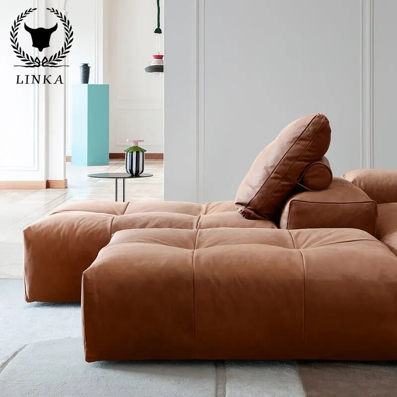 Italian Modern Minimalist Style Leather Thick Cushion Unit Living Room Sofa Combination Amber