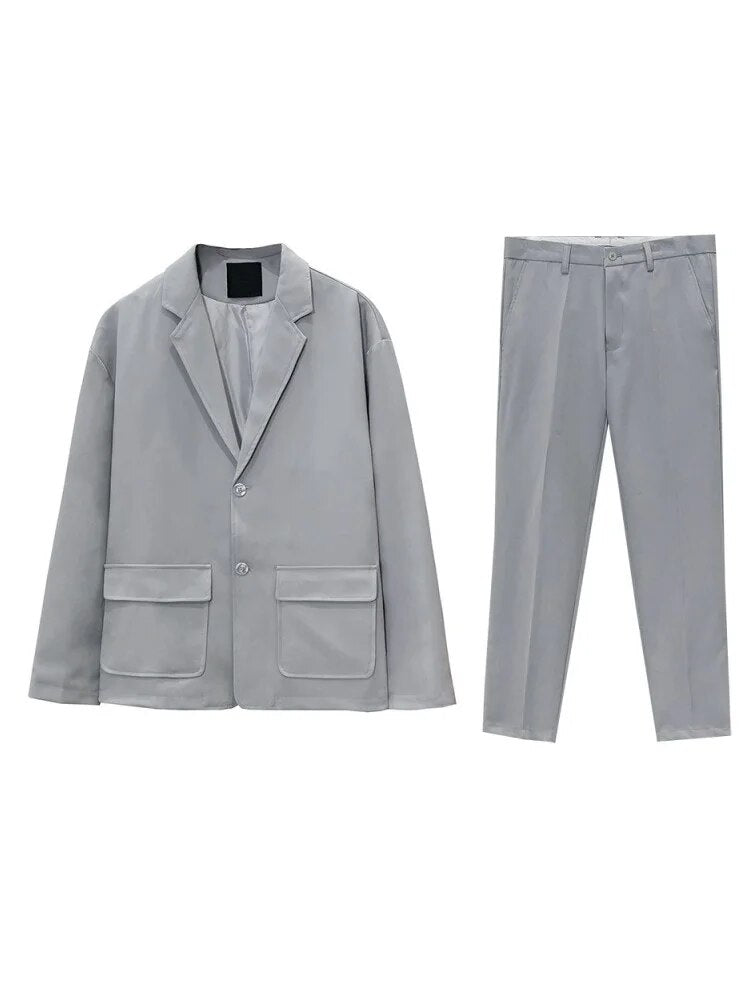 Men Casual Blazer Set Solid Color Single Breasted Loose Suit Jacket Pants Two Pieces Autumn New Formal Coat Male M-2XL