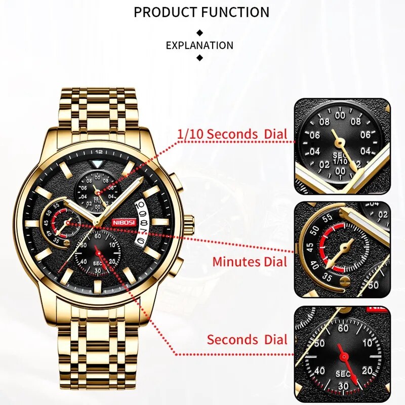 NIBOSI Top Brand Quartz Watch Men Sports Watches Steel Military Calendar Clock Waterproof Gold 2023 Wristwatch Relogio Masculino