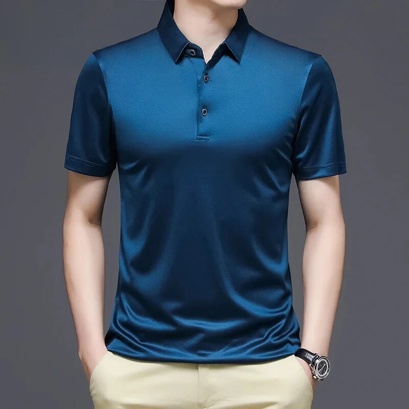 MINGLU Mulberry Silk Seamless Men's Polo Shirts Luxury Short Sleeve Solid Color Casual Male T-shirts Summer Man Tees 4XL