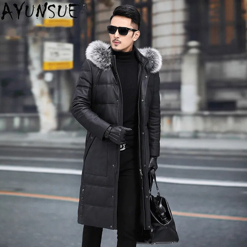 Erkekler Parkas Winter Real Sheepskin Leather Jackets for Men Clothing Men's Down Jacket 100% Fox Fur Collar Ropa LXR822