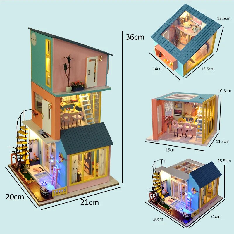Diy Dollhouse Kit Miniature Items Bedroom Living Room Kitchen 3in1 Villa Tiny Houses Kids Toys Adult Wooden Doll House Furniture