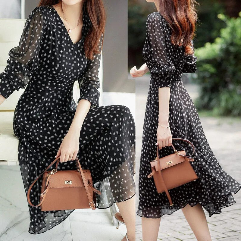 Polka Dot Print Chiffon Elegant Dresses for Women 2023 Summer New Vintage Fashion V-Neck Half Sleeve Casual Ladies Midi Dress - KAISERINC