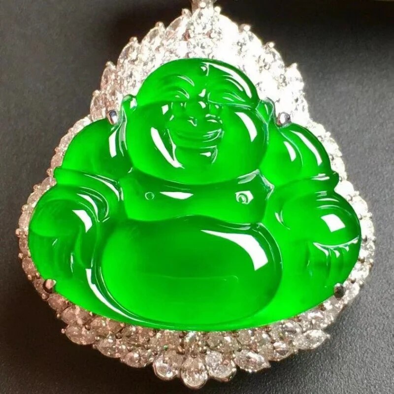 Jade Collection 18K Gold Diamond High Ice Green Buddha Pendant
