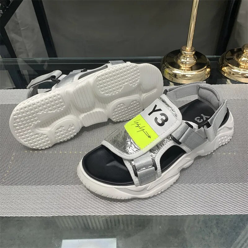 Y3 Summer Thick Soled Men's Shoes Genuine Leather Outdoor Sports Sandals Silver Black