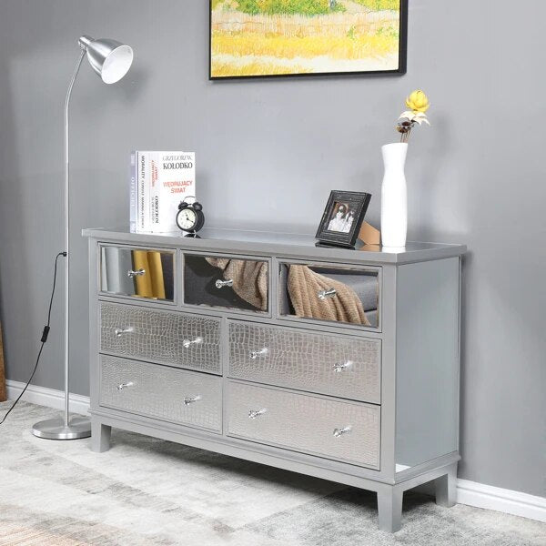 Mirrored Glass TV Stand with 7 Drawers Cabinet Modern Furniture for Living Room Bedroom Decoration 130 x 36 x 78 cm Silver